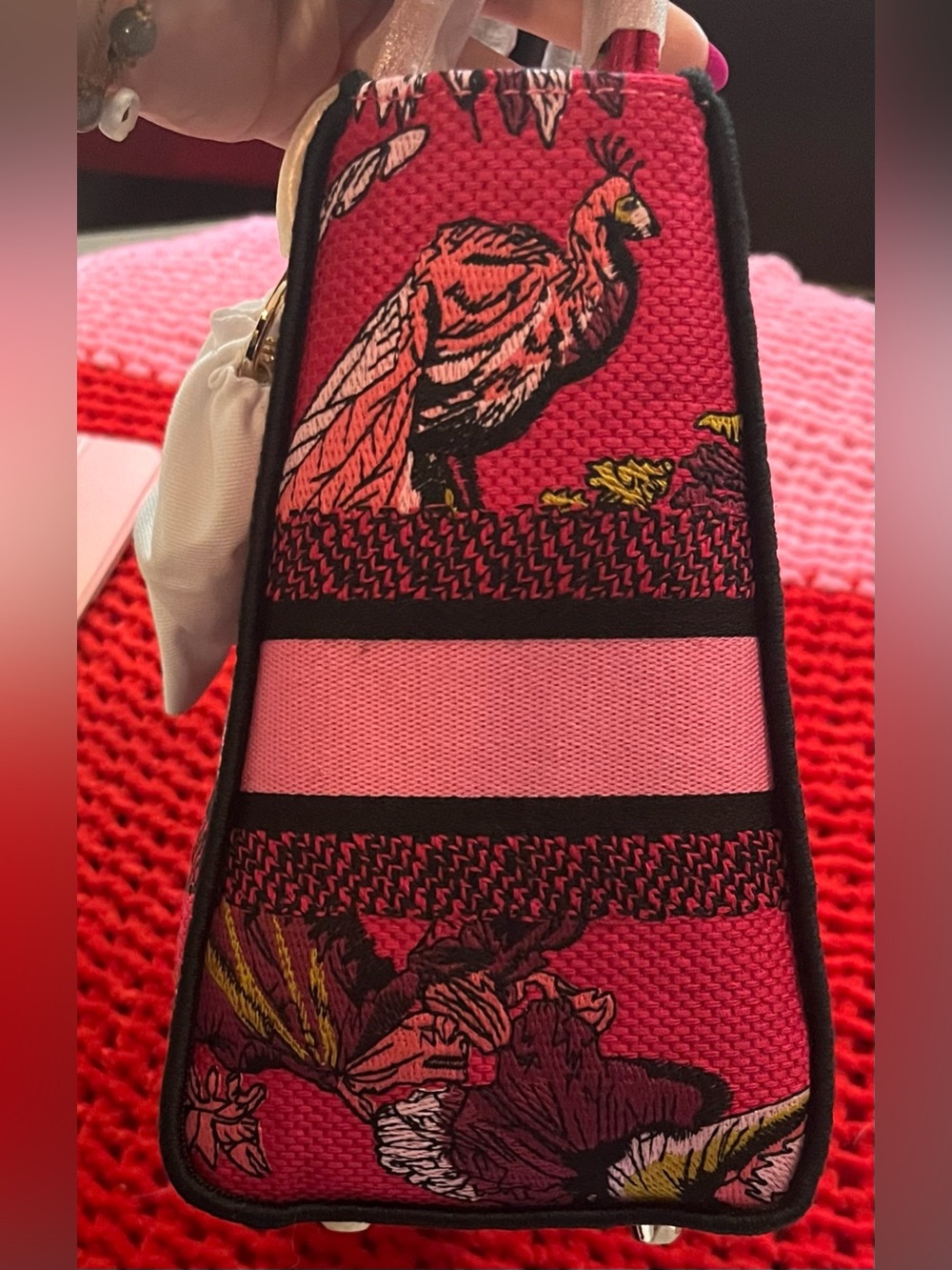 Pink Floral & Bird Embroidered Tote